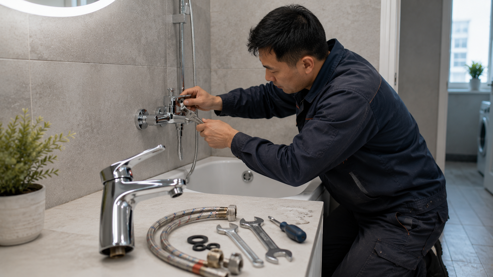 Частный мастер-сантехник в рабочей одежде устанавливает смеситель в ванной современной квартиры в Алматы